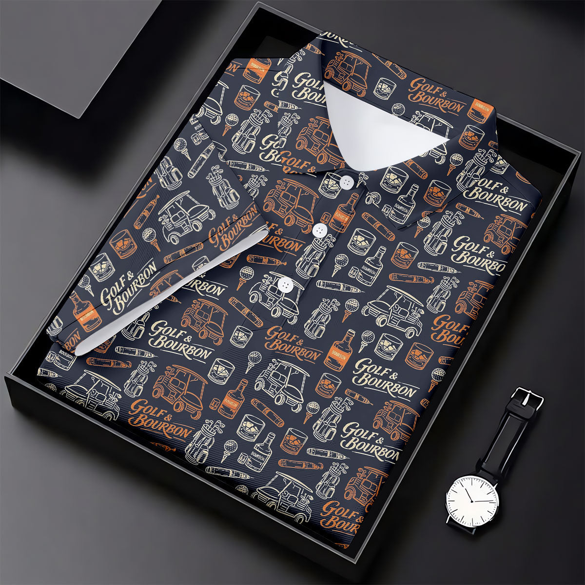 Funny Golf Bourbon Cigar Pattern Polo Shirt, Golf Polo Shirts For Men, Mens Golf Apparel