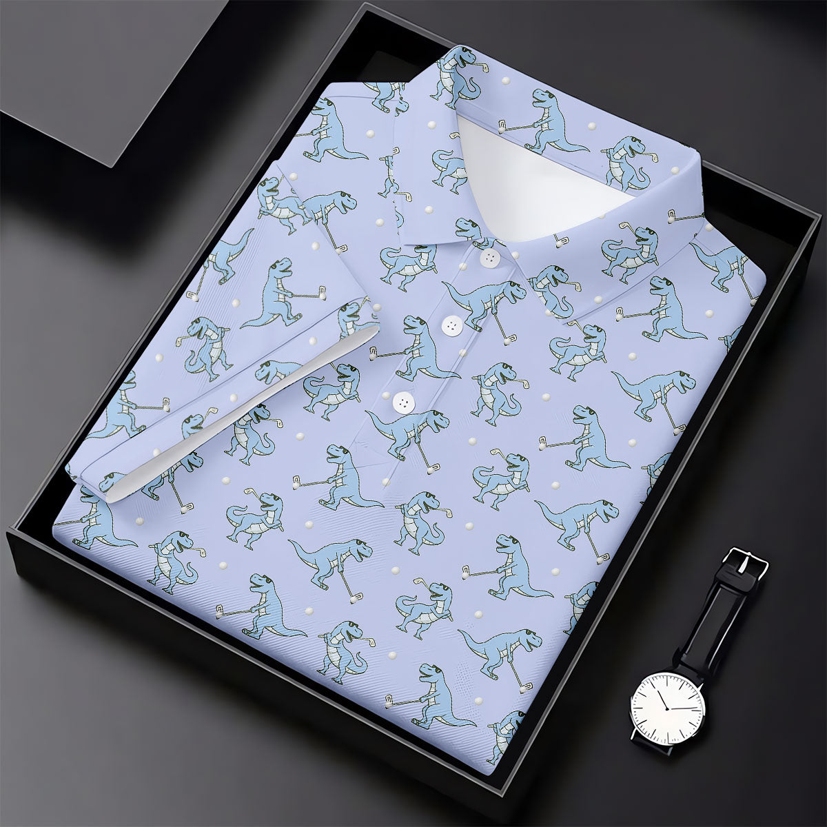 Blue T-Rex Dinosaur Golfer Pattern Golf Polo Shirt, Womens Golf Tops, Printed Golf Shirt