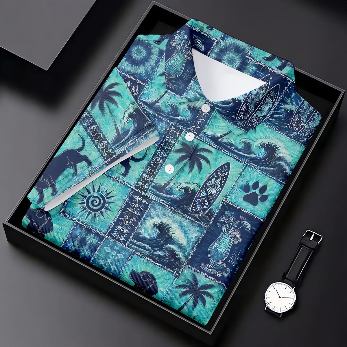 Funny Tropical Dog Surf Patchwork Golf Polo Shirt, Mens Golf Polo, Printed Golf Shirts