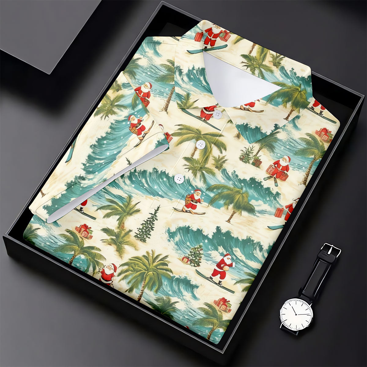 Christmas Santa Surfing Tropical Hawaiian Golf Shirt, Golf Shirts For Men, Printed Golf Shirts