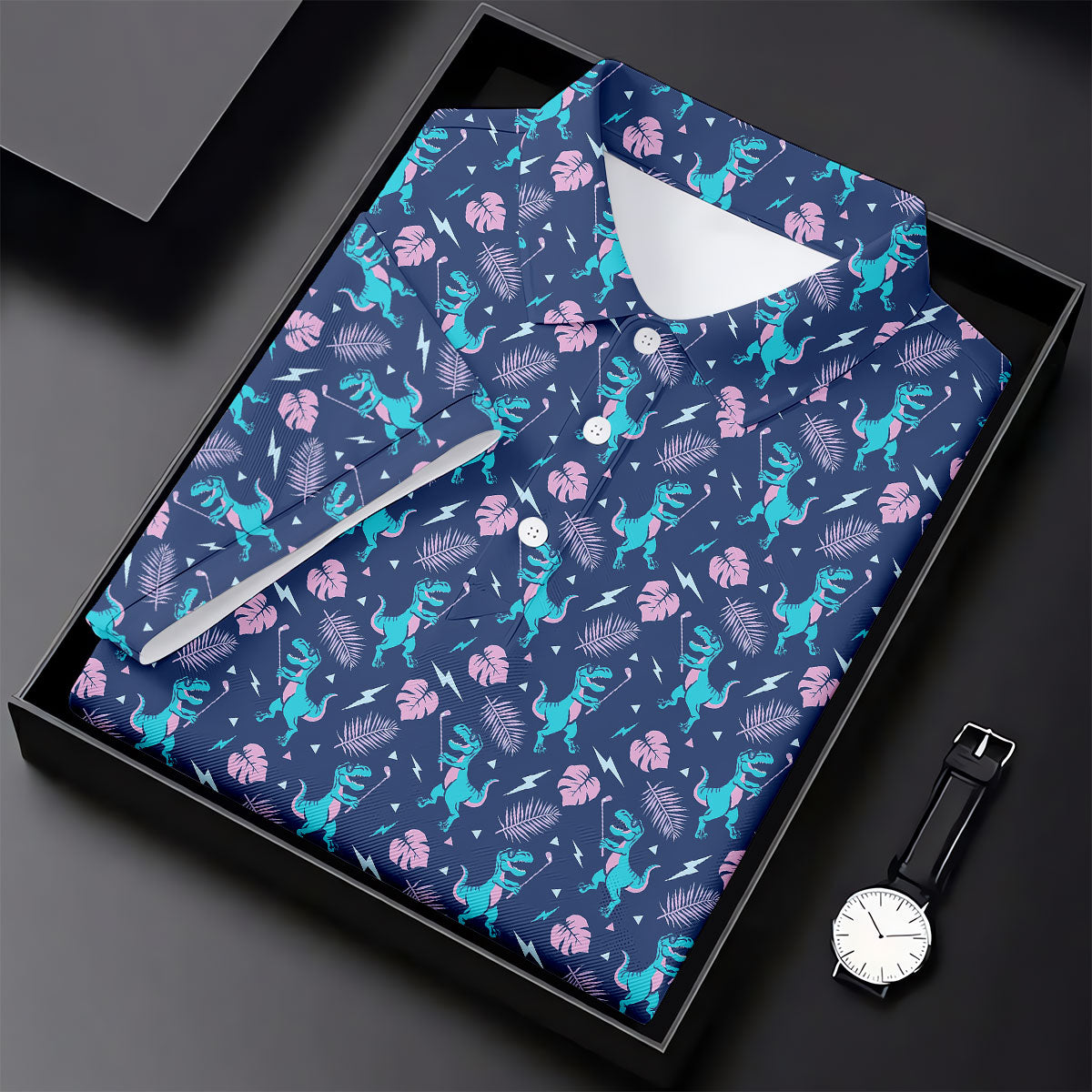 Funny Dinosaur Golfer Tropical Pattern Polo Shirt, Mens Golf Polo, Printed Golf Shirts