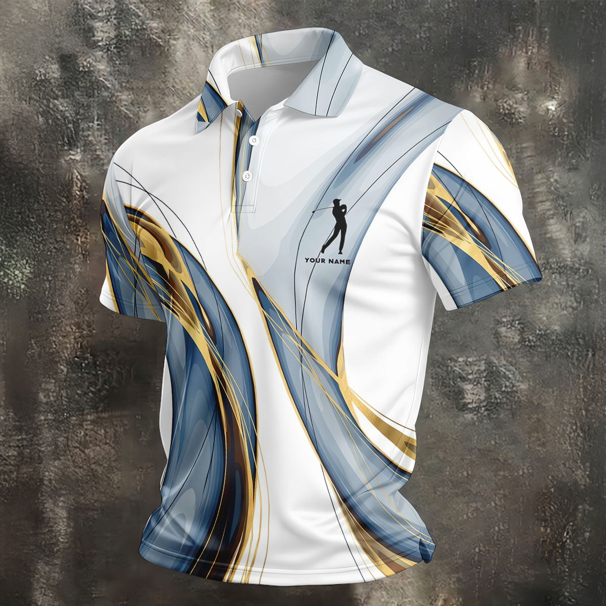 Elegant Blue Gray and Gold Swirl Pattern Hawaiian Golf Polo, Golf Tops For Men, Golfing Apparel
