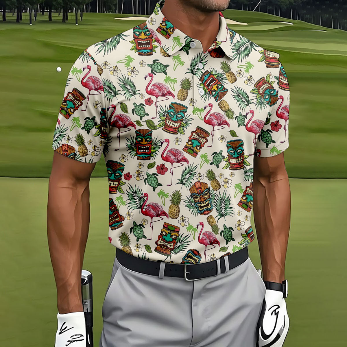 Tiki Masks, Flamingo and Island Paradise Pattern Design Hawaiian Golf Polo, Golf Tops For Men, Golfing Apparel