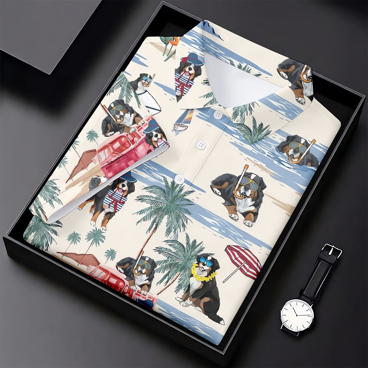 Tropical Bernese Mountain Dog Beach Hawaiian Golf Polo Shirt, Printed Golf Shirts, Golf Apparel For Men