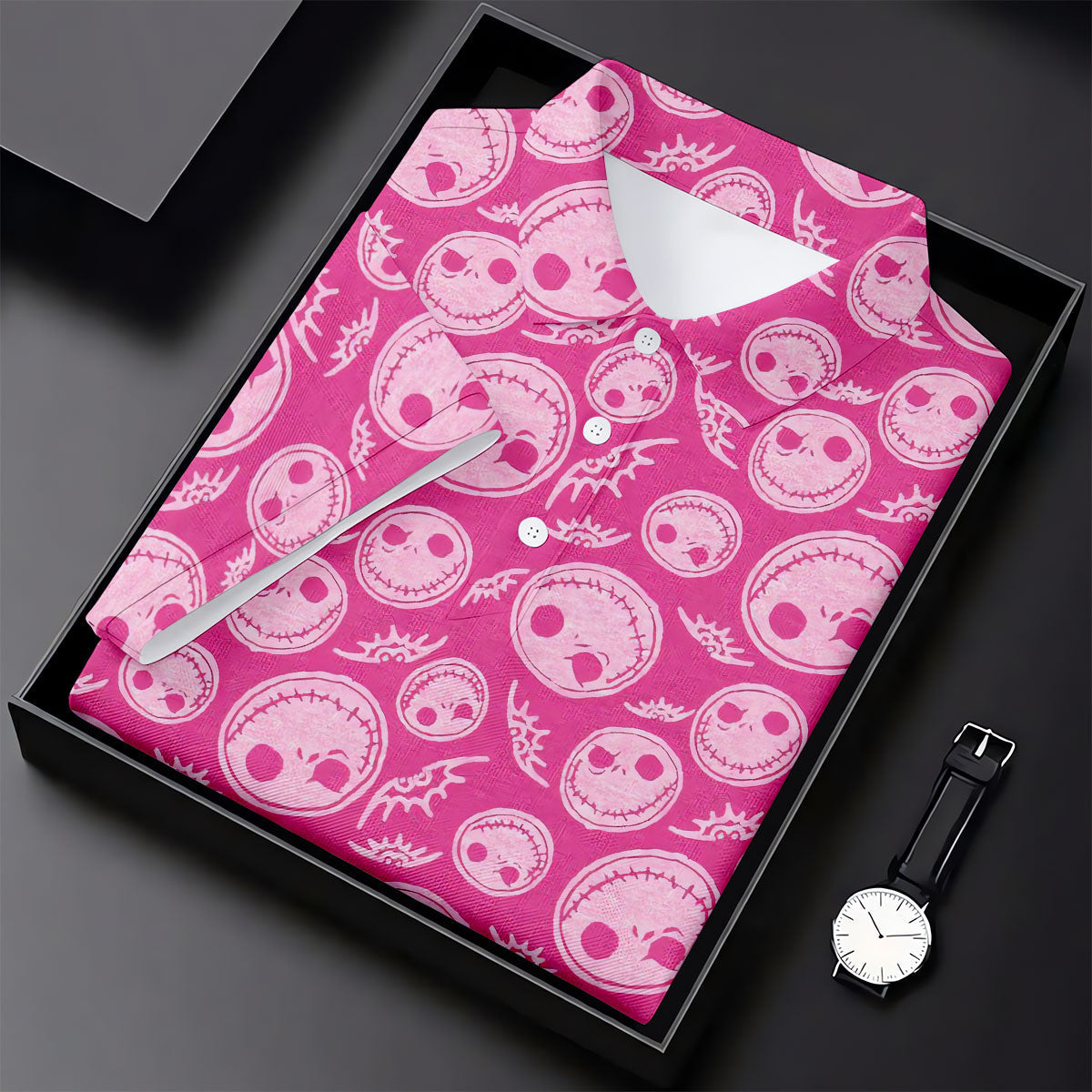 Pink Stitched Skull Halloween Golf Polo Shirt, Golf Shirts For Men, Mens Golf Apparel