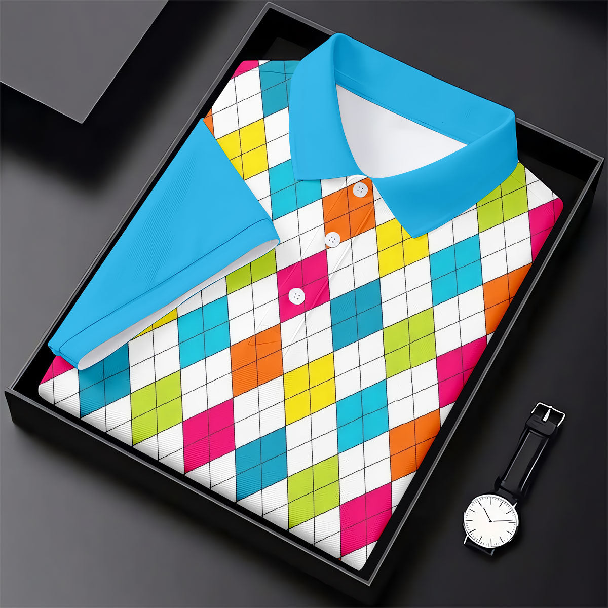 Retro Argyle Diamond Checkered Golf Shirt, Mens Golf Polo, Printed Golf Shirts