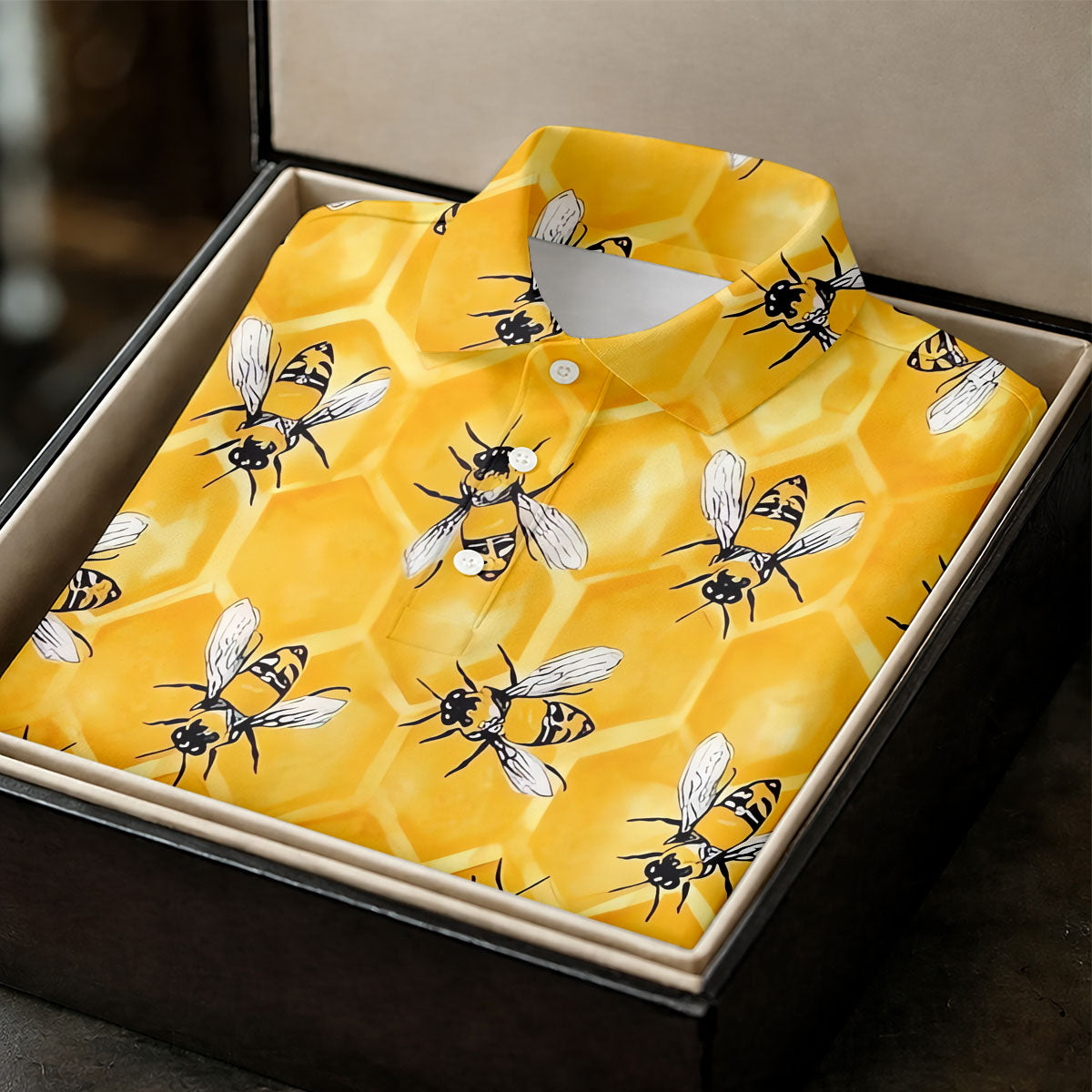 Realistic Flying Bees on Golden Honeycomb Hawaiian Golf Polo, Golf Tops For Men, Golfing Apparel