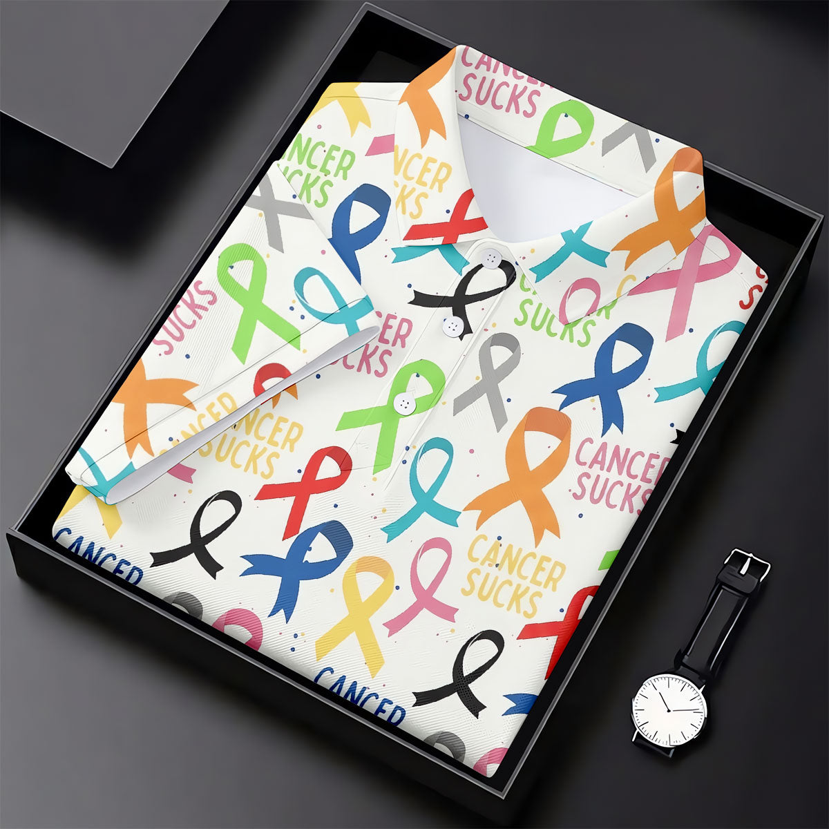 Cancer Sucks Multicolor Awareness Ribbon Polo Shirt, Mens Golf Polo, Printed Golf Shirts