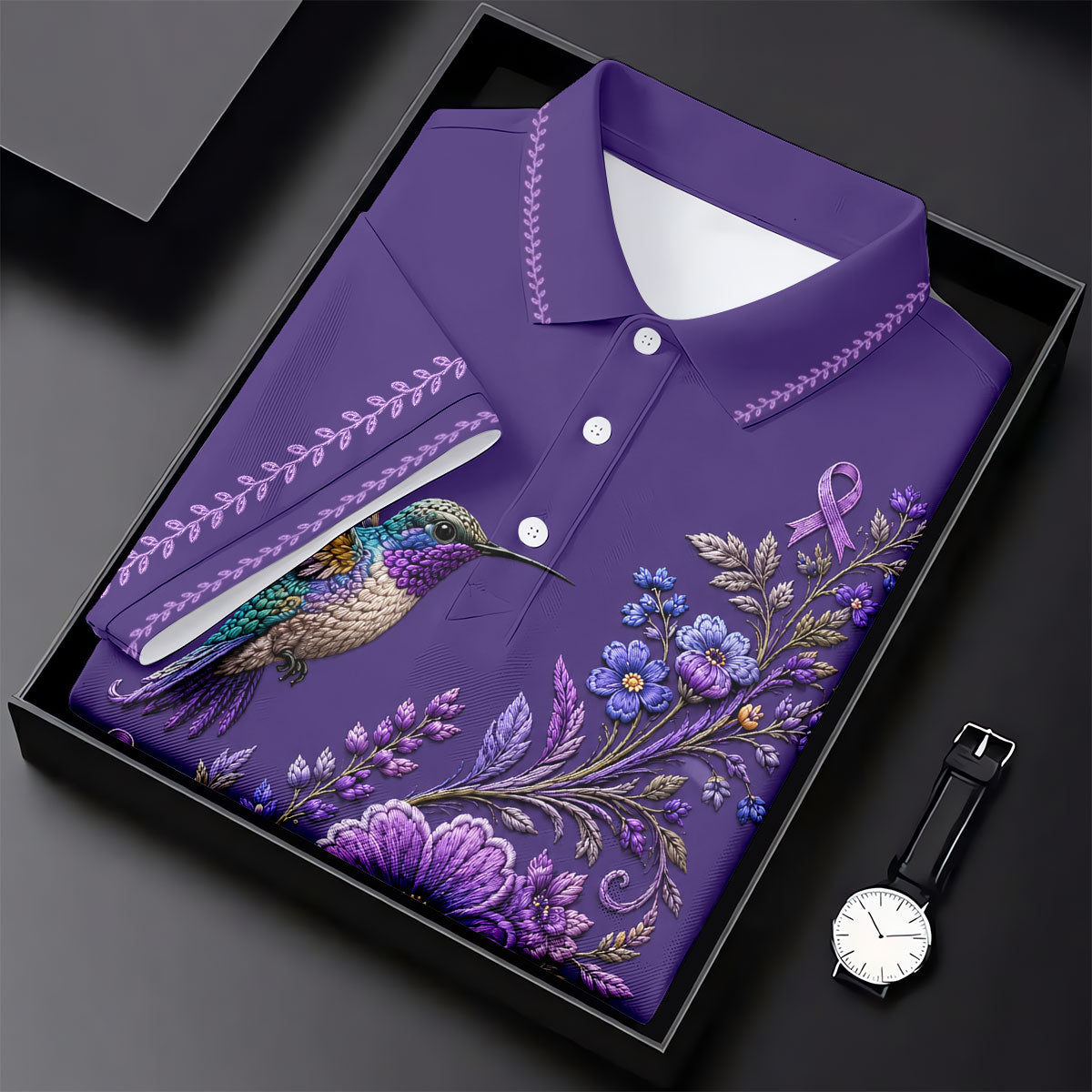 Purple Hummingbird Cancer Awareness Polo Shirt, Golf Shirts For Men, Mens Golf Apparel