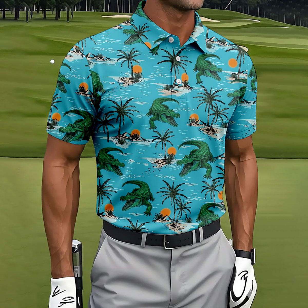 Tropical Alligators on Island Beaches Design Hawaiian Golf Polo, Golf Tops For Men, Golfing Apparel