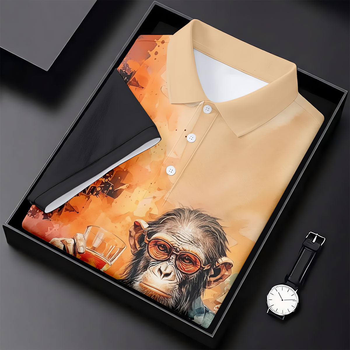 Gentleman Monkey Whiskey Golden Sunset Hawaiian Golf Polo, Golf Tops For Men, Golfing Apparel