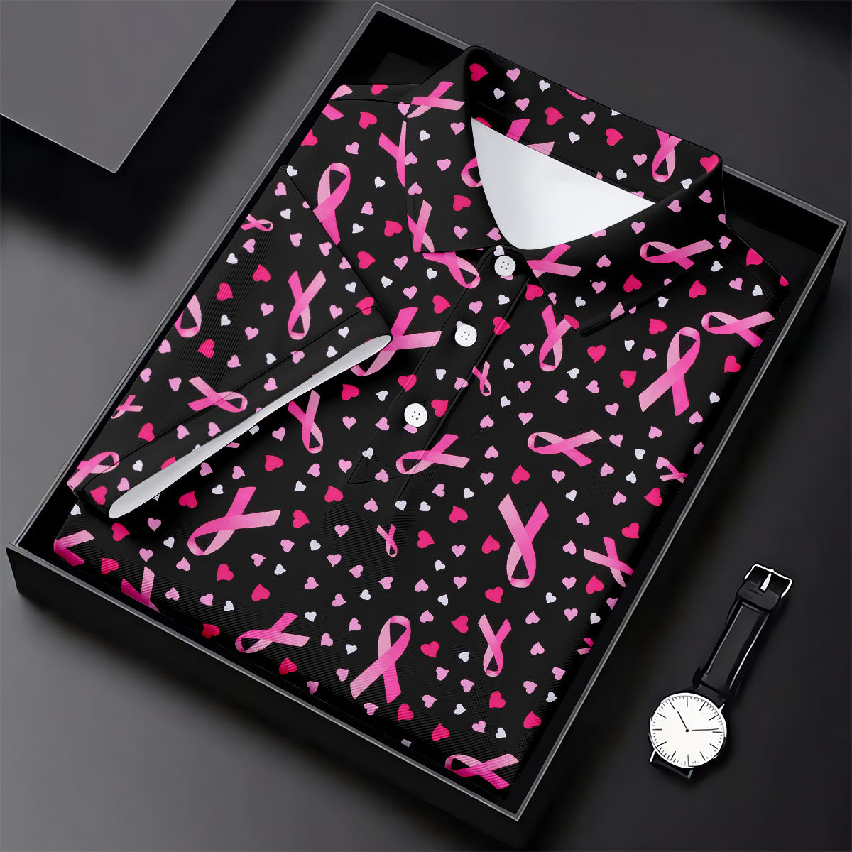 Black Pink Ribbon Heart Breast Cancer Polo Shirt, Ladies Golf Shirt, Women's Golf Tops
