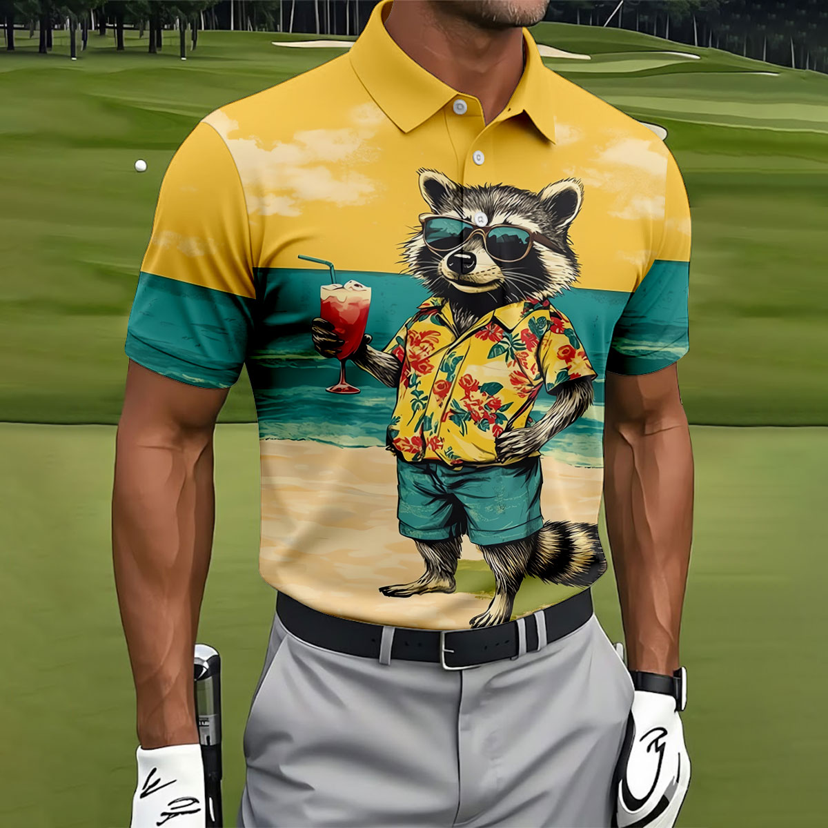Cool Raccoon Tropical Yellow Hawaiian Golf Polo, Golf Tops For Men, Golfing Apparel