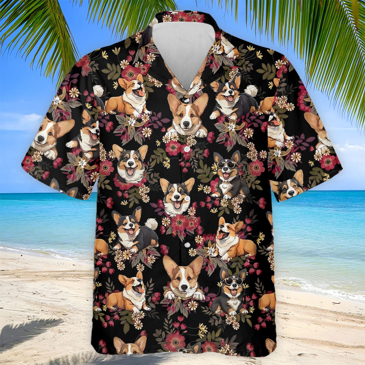 Cute Corgi Floral Hawaiian Pattern Polo Shirt, Mens Golf Polo, Funny Golf Shirt