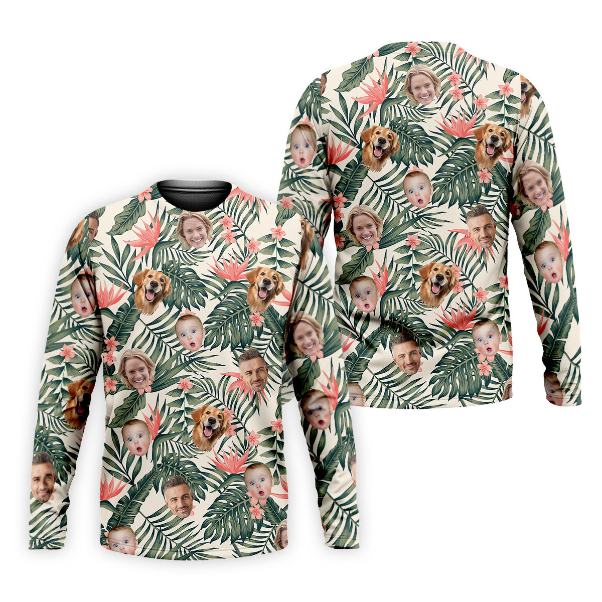 Tropical Floral Pattern Custom Hawaiian Shirts With Face, Men Polo Shirt, Long Sleeve Golf Shirts
