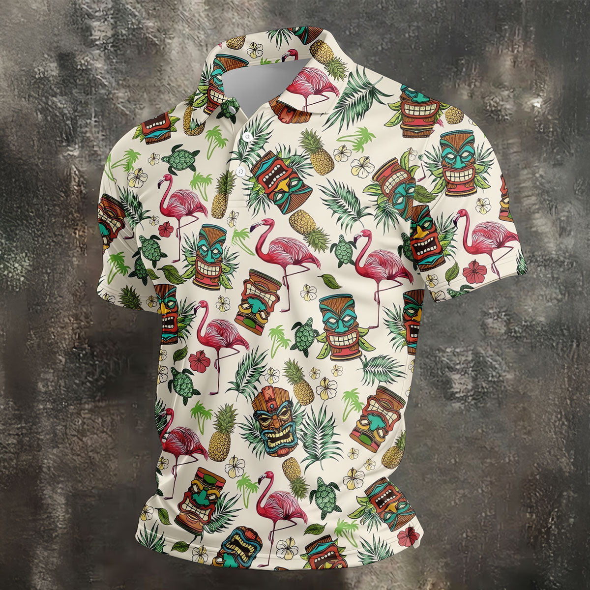 Tiki Masks, Flamingo and Island Paradise Pattern Design Hawaiian Golf Polo, Golf Tops For Men, Golfing Apparel