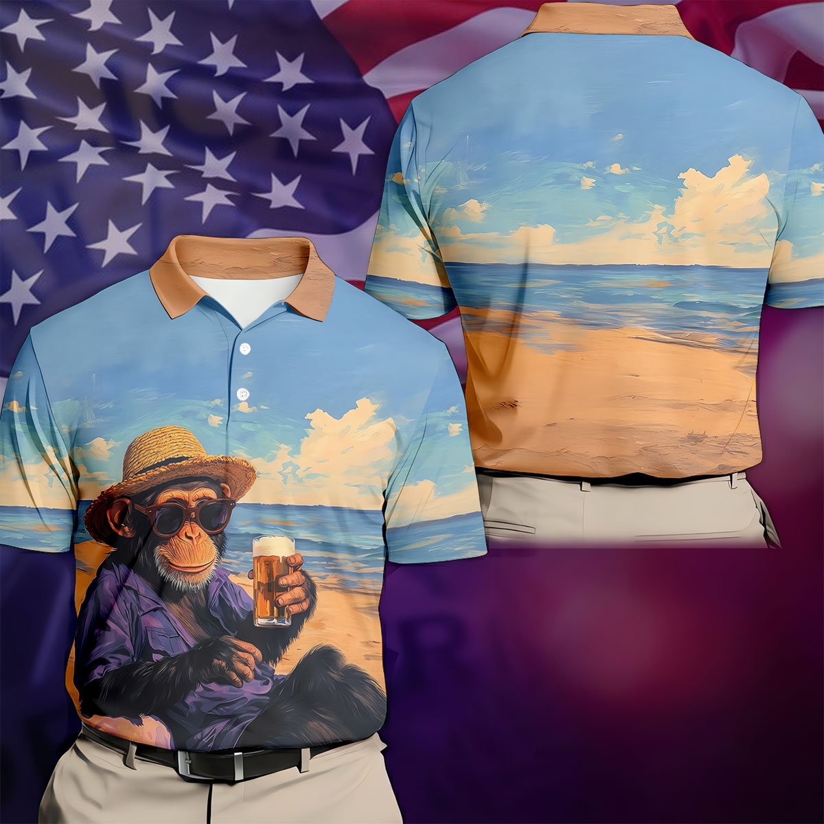 Beach Monkey Sky Sand Hawaiian Golf Polo, Golf Tops For Men, Golfing Apparel