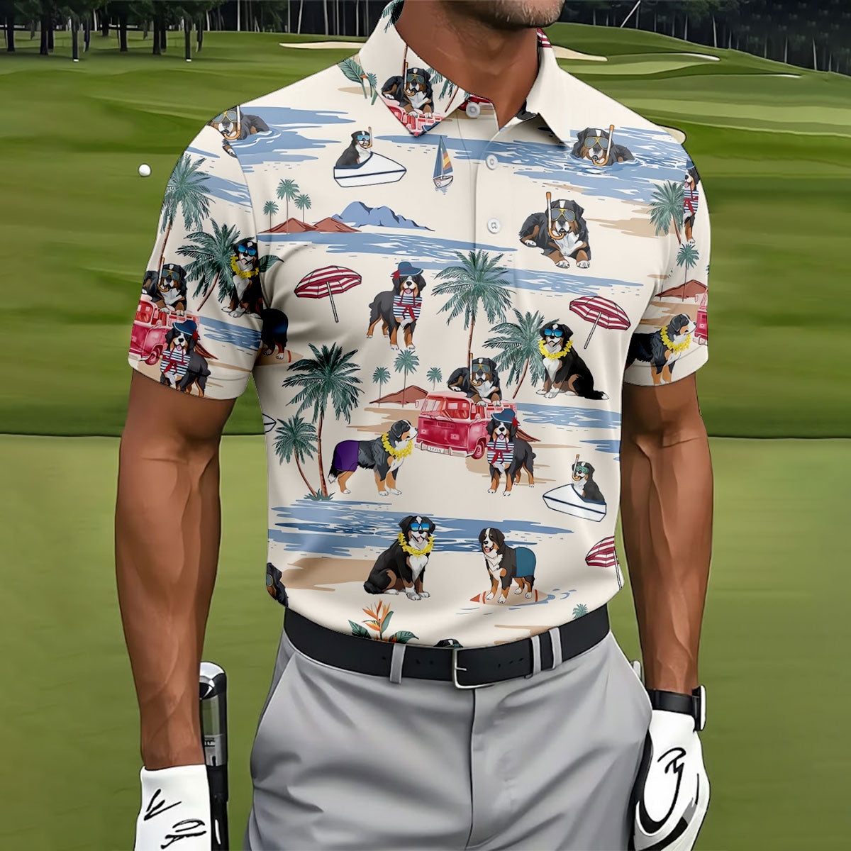 Tropical Bernese Mountain Dog Beach Hawaiian Golf Polo Shirt, Printed Golf Shirts, Golf Apparel For Men