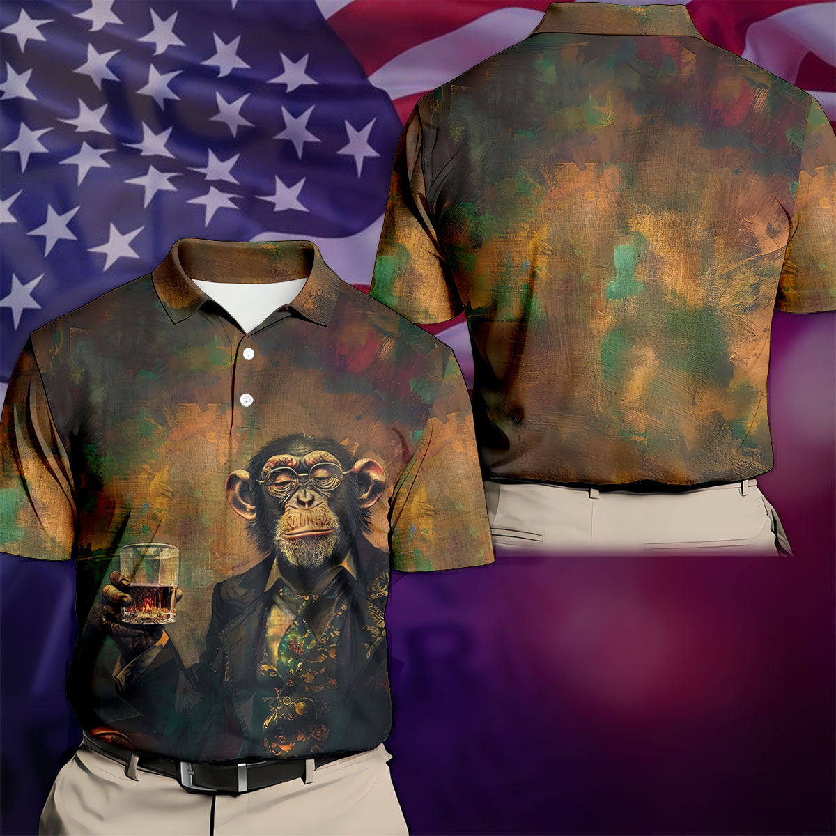 Monkey Gentleman Vintage Oak Hawaiian Golf Polo, Golf Tops For Men, Golfing Apparel