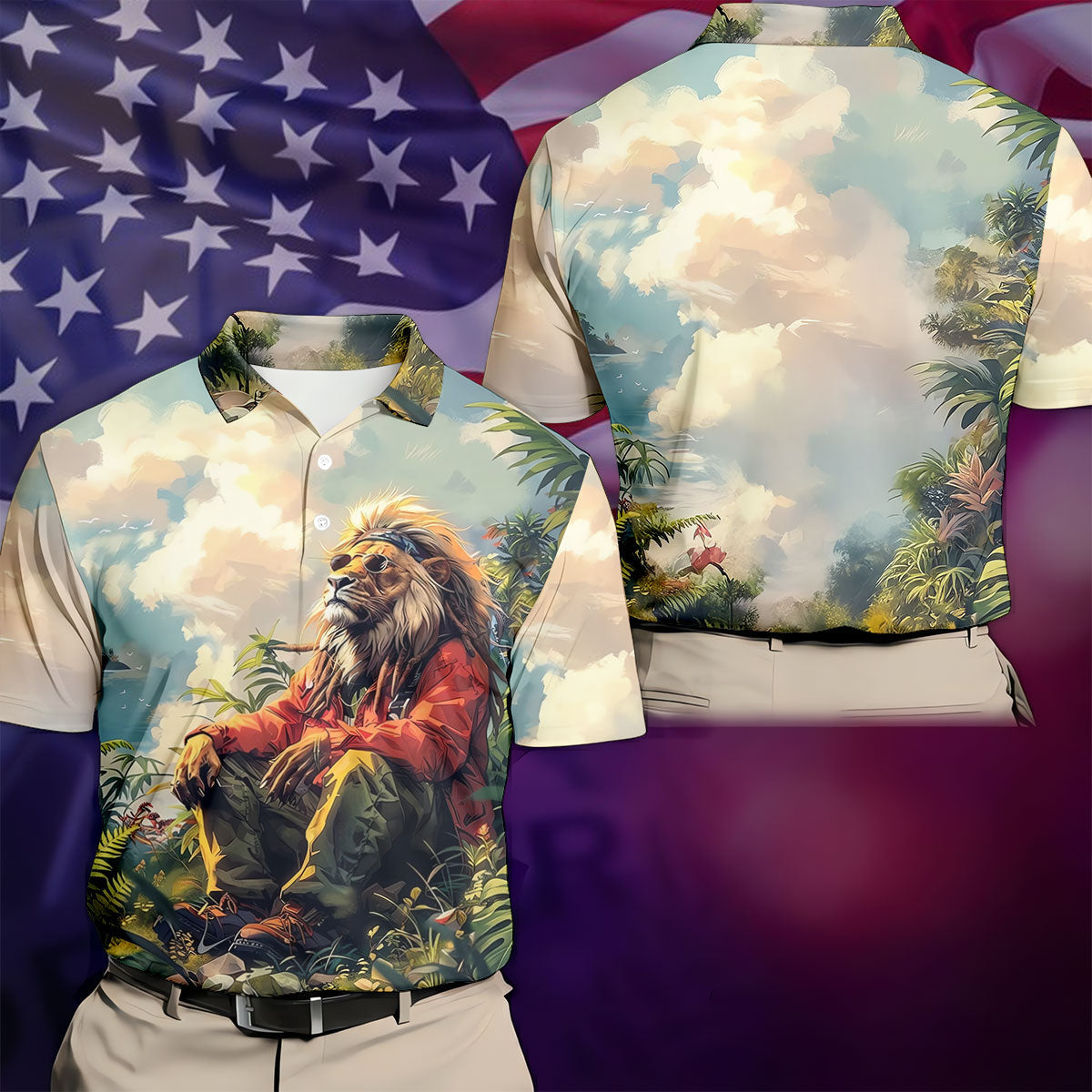 Lion Dreamscape Mist Hawaiian Golf Polo, Golf Tops For Men, Golfing Apparel