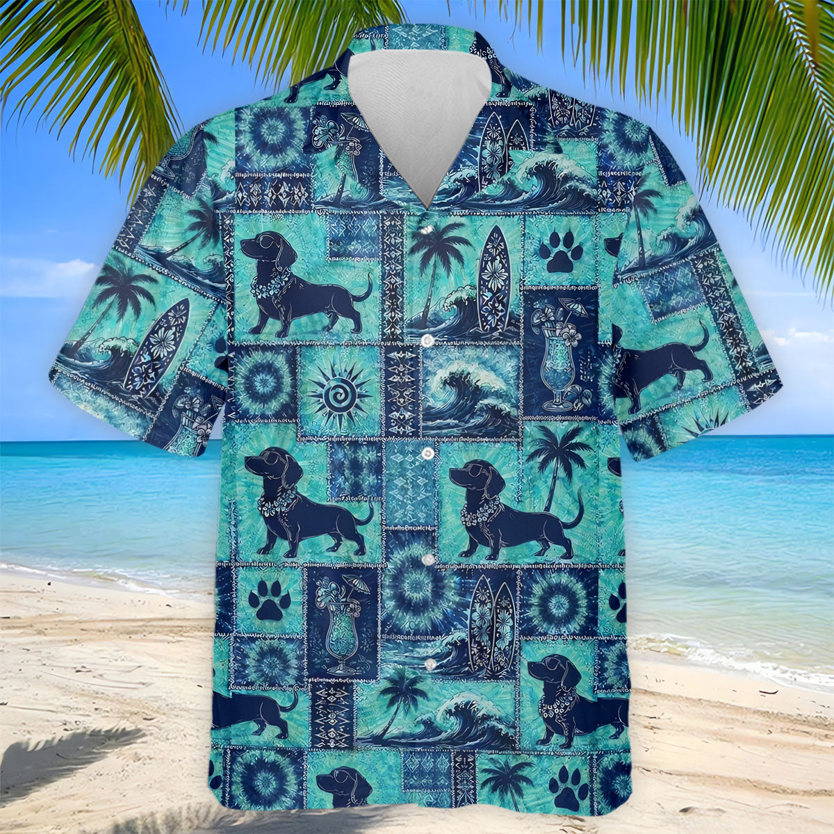 Funny Tropical Dog Surf Patchwork Golf Polo Shirt, Mens Golf Polo, Printed Golf Shirts