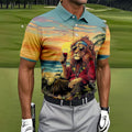 Tropical Lion Sunset Teal Hawaiian Golf Polo, Golf Tops For Men, Golfing Apparel