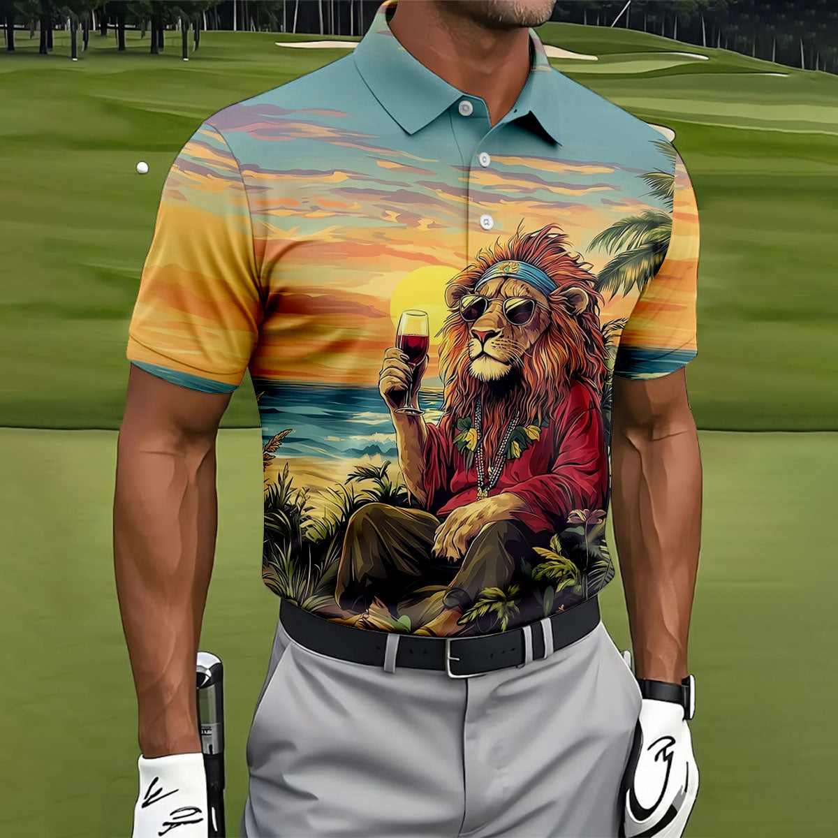 Tropical Lion Sunset Teal Hawaiian Golf Polo, Golf Tops For Men, Golfing Apparel