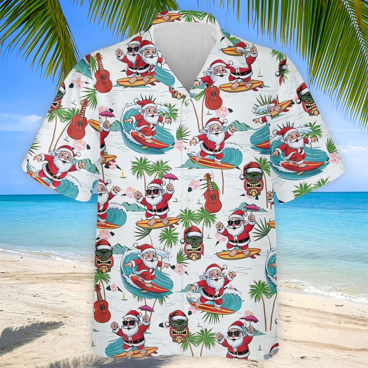 Surfing Santa Tropical Christmas Golf Shirt, Christmas Golf Shirt, Golf Apparel For Men