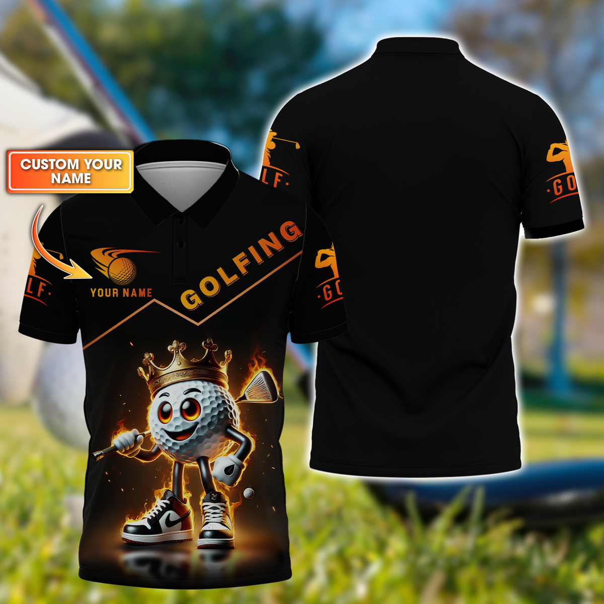 Custom Golf King Fire, Men's Golf Polo Shirt With Name, Golfing Apparel, Gift For Golfers