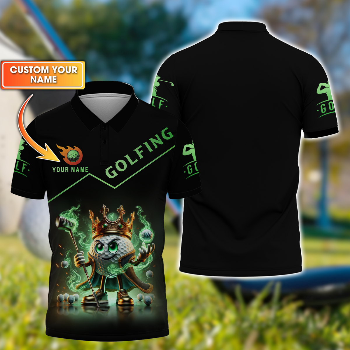 Golf King Green Fire, Custom Name Men's Golf Polo Shirt, Funny Golf Polo Shirt, Gift For Golfers