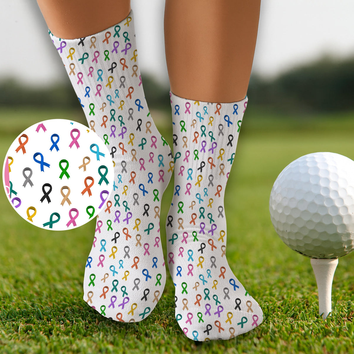 Cancer Awareness Ribbons White Golf Socks, Christmas Golf Gift, Golfing Apparel