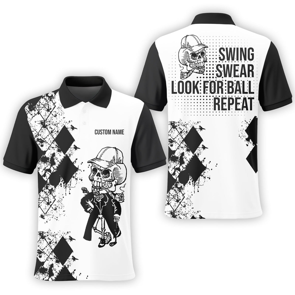 Swing Swear Repeat Skull Golf Shirt, Custom Name Polo Shirt, Present For Golfer