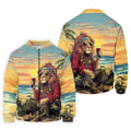 Tropical Lion Sunset Teal Hawaiian Golf Polo, Golf Tops For Men, Golfing Apparel
