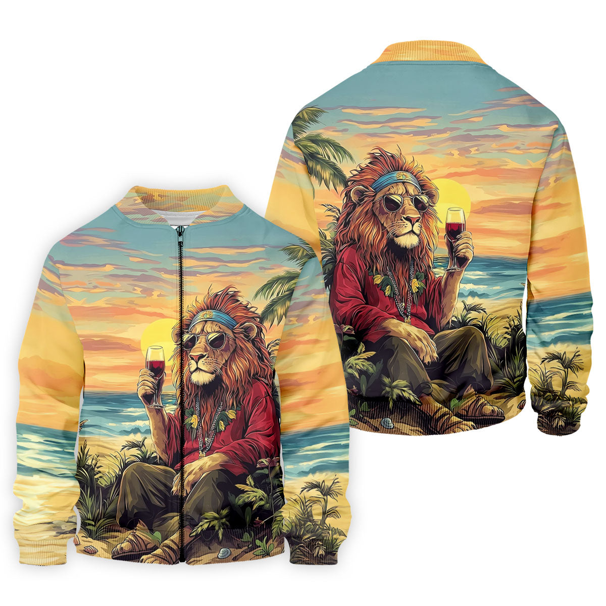 Tropical Lion Sunset Teal Hawaiian Golf Polo, Golf Tops For Men, Golfing Apparel