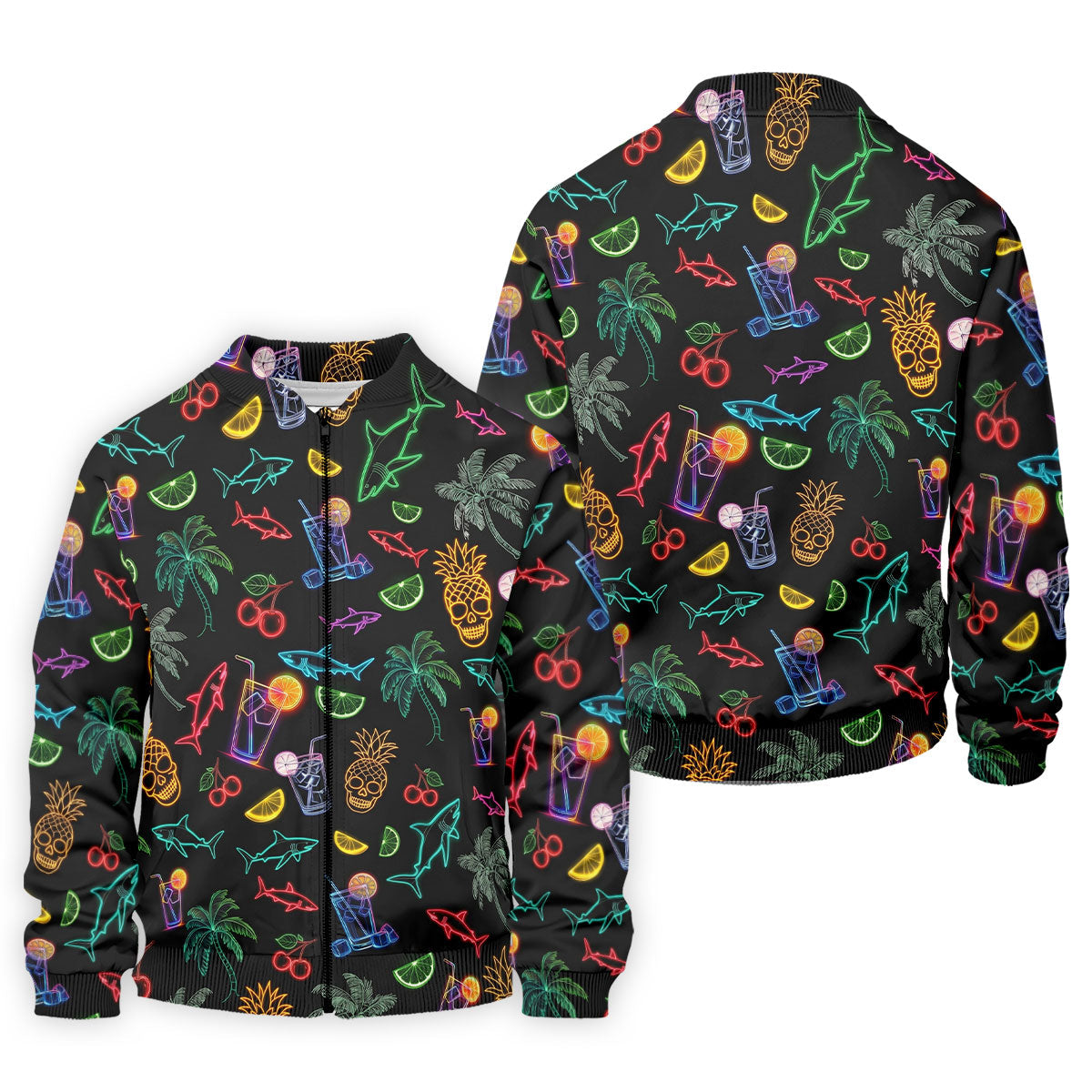Neon Shark And Cocktail Pattern Hawaiian Golf Shirt, Men's Golf Shirt, Polo Shirts For Men