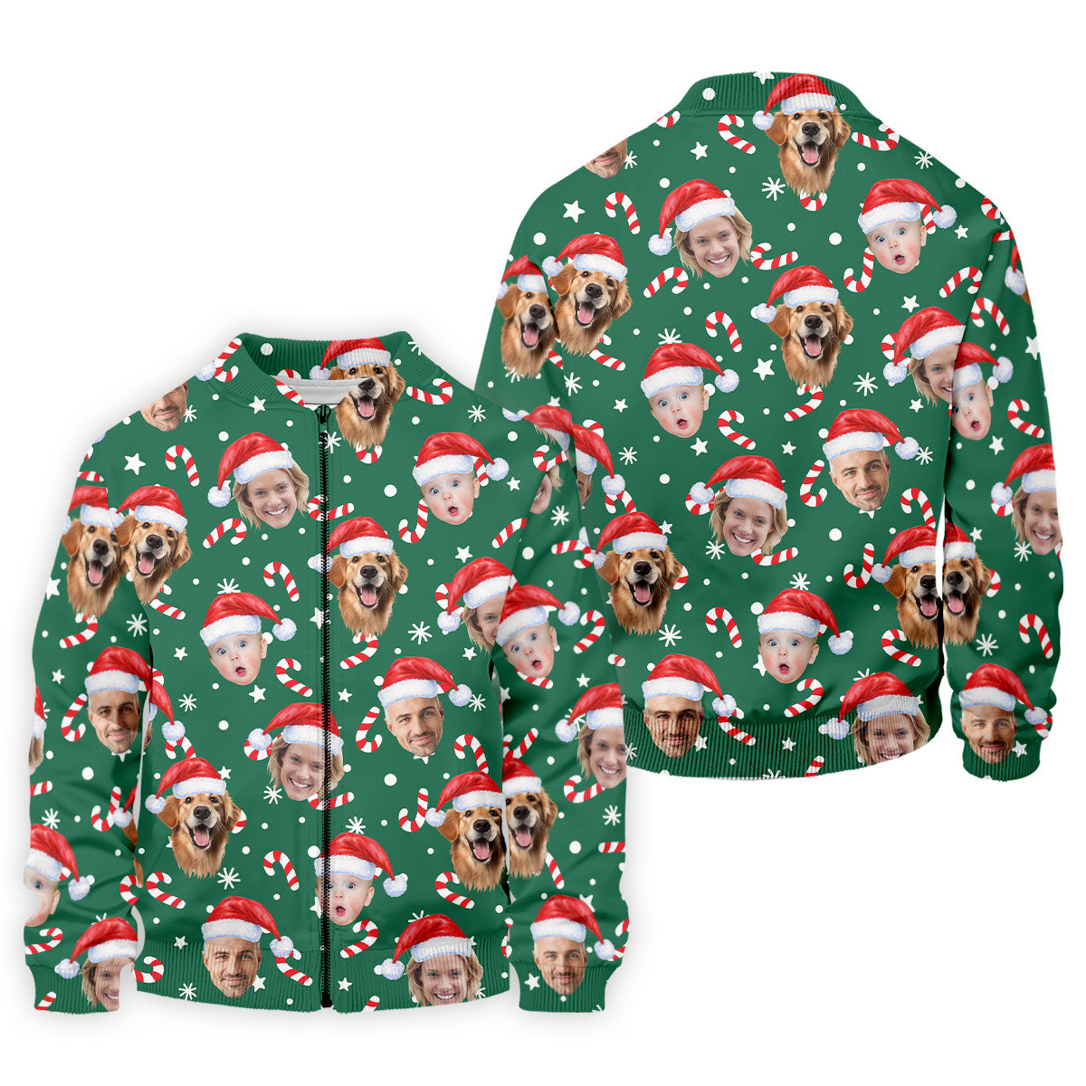 Custom Face Candy Cane Pattern Green Golf Shirt, Christmas Golf Shirt, Polo Shirts For Men, Golf Gift For Men