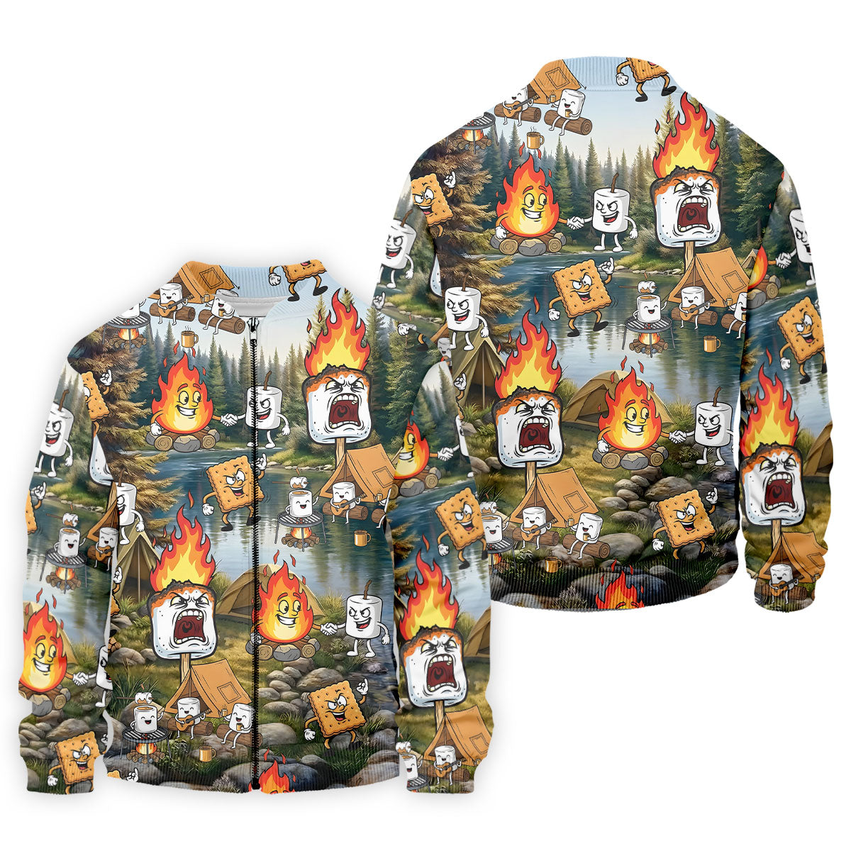 Cartoon Marshmallow, Graham Cracker and Campfire Characters Lake Camping Hawaiian Golf Polo, Golf Tops For Men, Golfing Apparel