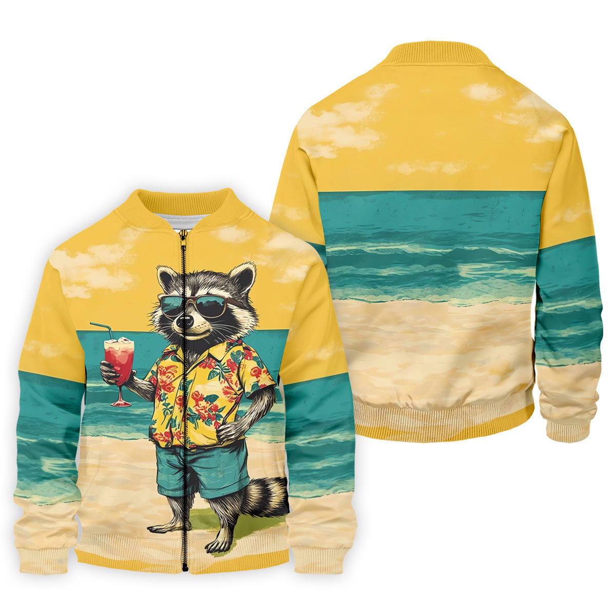 Cool Raccoon Tropical Yellow Hawaiian Golf Polo, Golf Tops For Men, Golfing Apparel