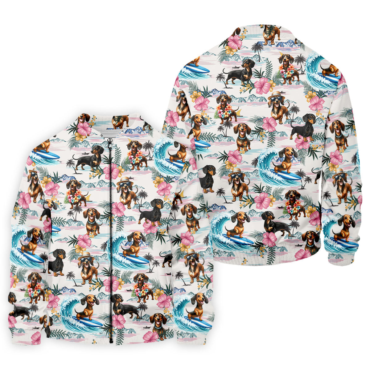 Cartoon Dachshund Tropical Theme Hawaiian Golf Shirt, Men's Golf Shirt, Polo Shirts For Men