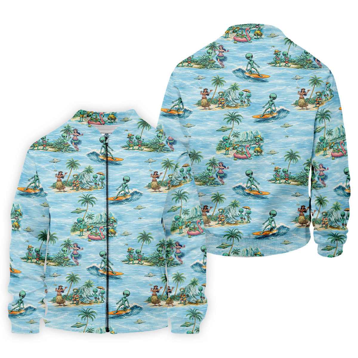 Green Alien Riding Waves on Tropical Island Beach Hawaiian Golf Polo, Golf Tops For Men, Golfing Apparel