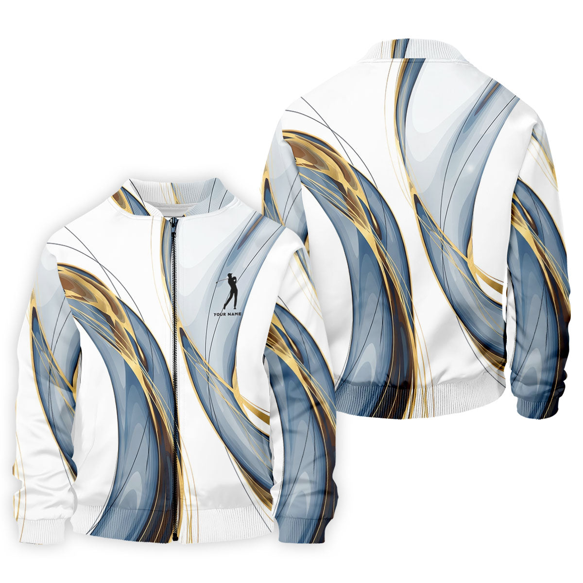 Elegant Blue Gray and Gold Swirl Pattern Hawaiian Golf Polo, Golf Tops For Men, Golfing Apparel