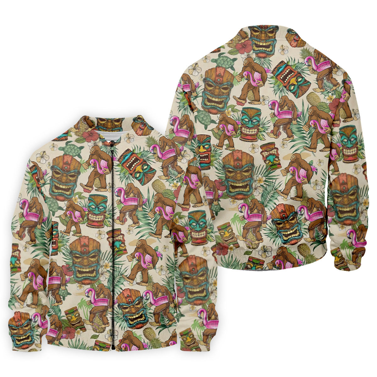 Tropical Bigfoot Adventure with Tiki Totems Design Hawaiian Golf Polo, Golf Tops For Men, Golfing Apparel