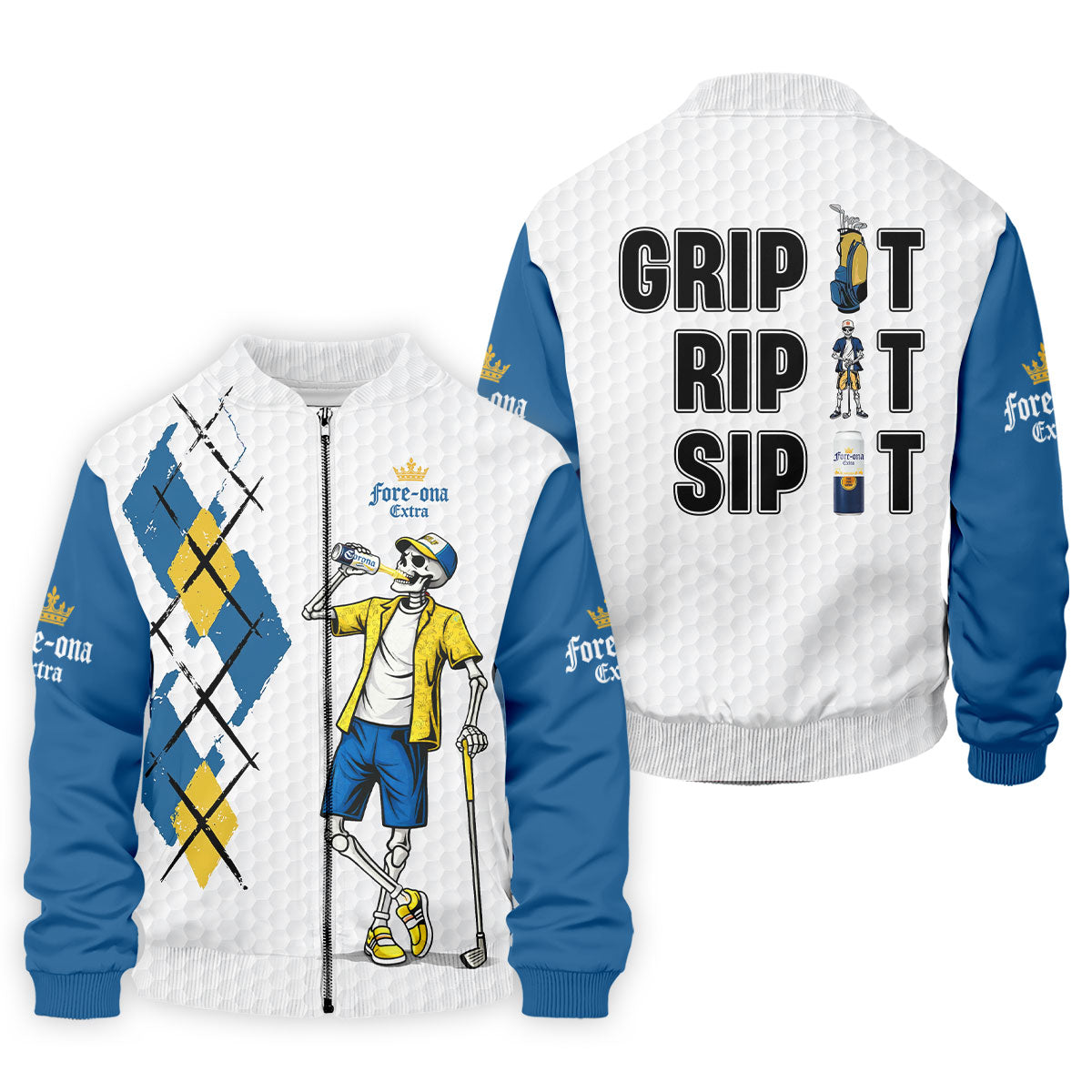 Fore-Ona Extra Blue Yellow Skeleton Golfer Beer Polo Shirt, Mens Golf Polo, Golf Apparel For Men