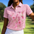 Hummingbird Floral Breast Cancer Ribbon Polo Shirt, Ladies Golf Tops, Golf Shirts For Women