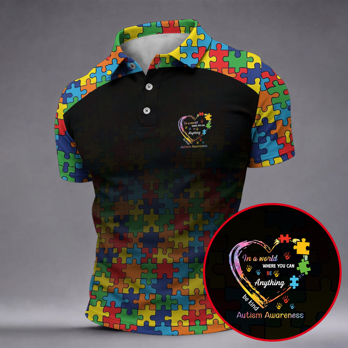 In A World Where You Can Be Anything Be Kind Autism Awareness Puzzle Pattern Black Fade Men's Golf Shirt