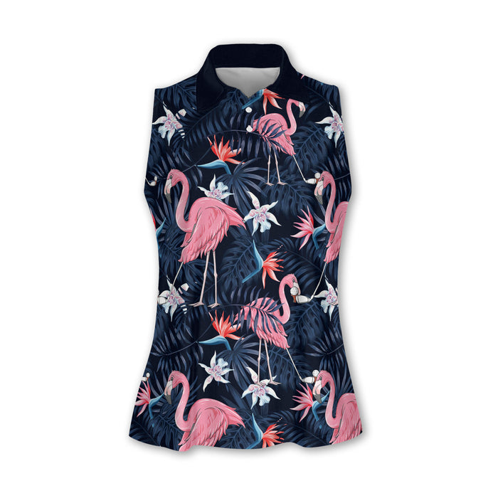 Flamingo Tropical Ladies Sleeveless Golf Shirts, Hawaiian Polo Golf Shirts, Pink Golf Shirt, Golf Gifts For Women