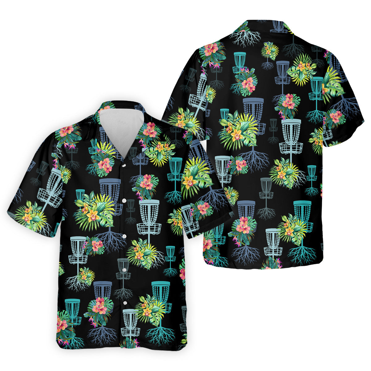 Tropical Floral Pattern Disc Golf Shirt, Black Golf Shirt, Polo Shirts For Men, Golf Gift For Men