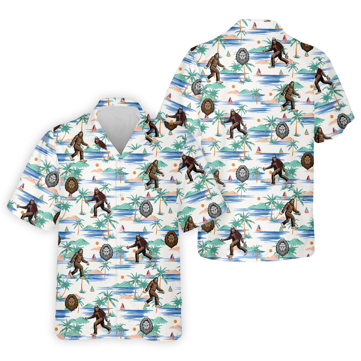 White And Blue Funny Sasquatch Tropical Golf Shirts, Fun Men's Golf Polos, Hawaiian Golf Shirts, Golfing Apparel