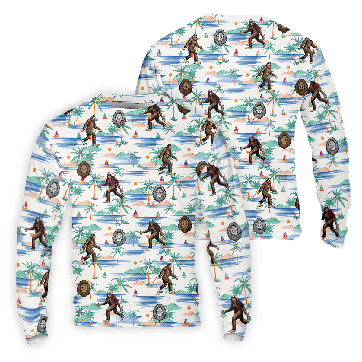 White And Blue Funny Sasquatch Tropical Golf Shirts, Fun Men's Golf Polos, Hawaiian Golf Shirts, Golfing Apparel