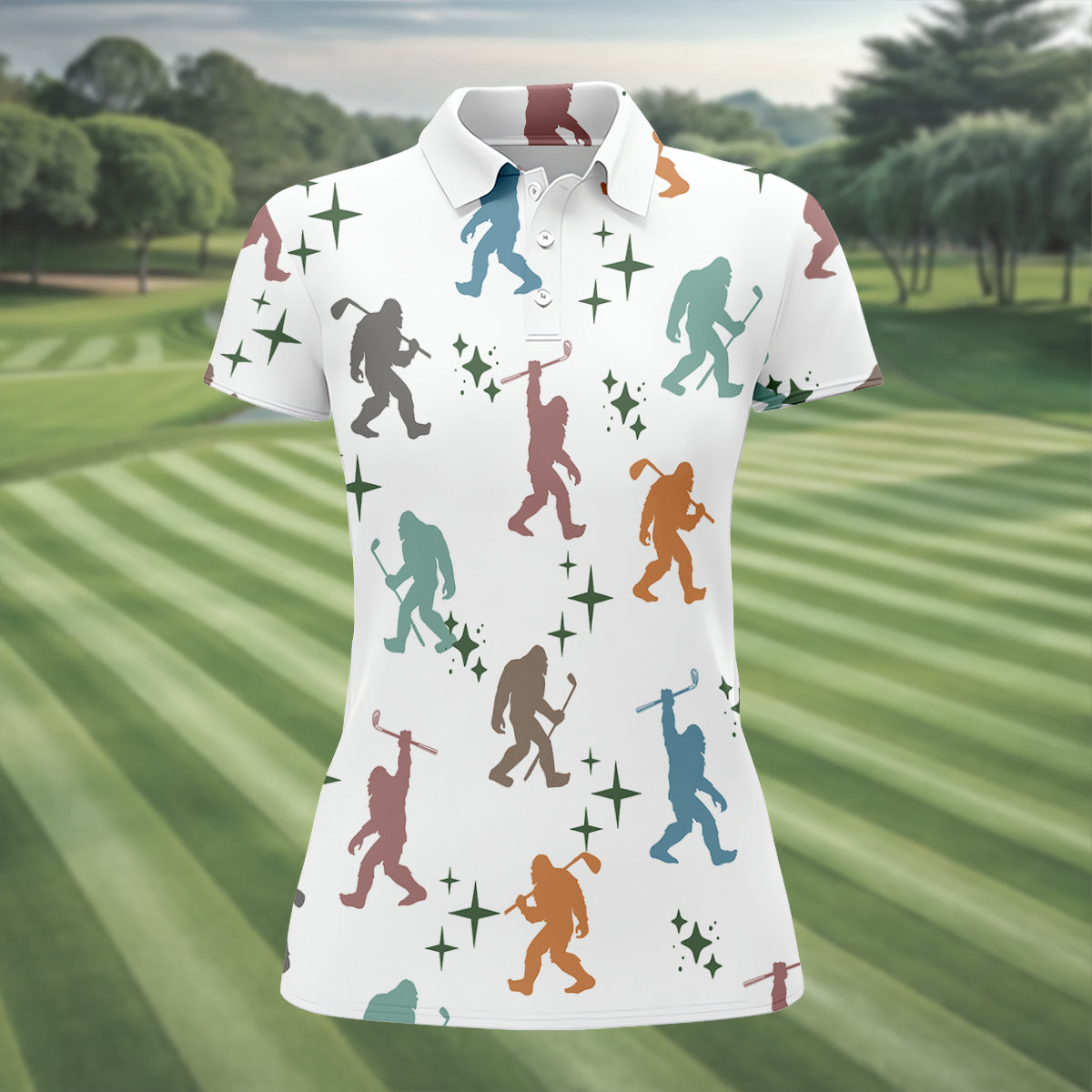 Colorful Bigfoot Silhouette Pattern Fun Women's Golf Shirts, Unique Gift For Golfer, Ladies Golf Polos